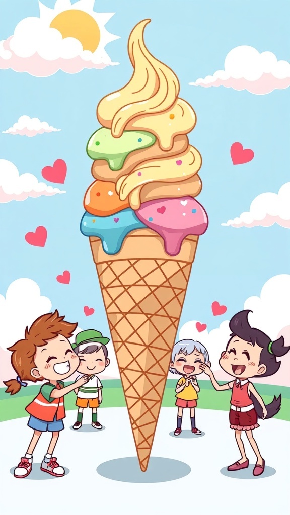 A cheerful ice cream cone with colorful scoops and cartoon characters enjoying ice cream under a sunny sky.